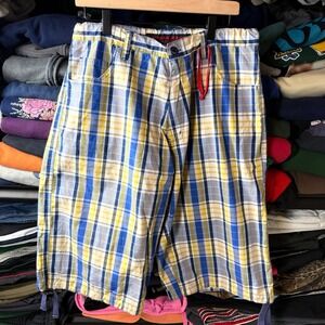 Koman Jeans Mens Plaid Cargo Shorts Blue Yellow White Size 34/36 Y2K Skater
